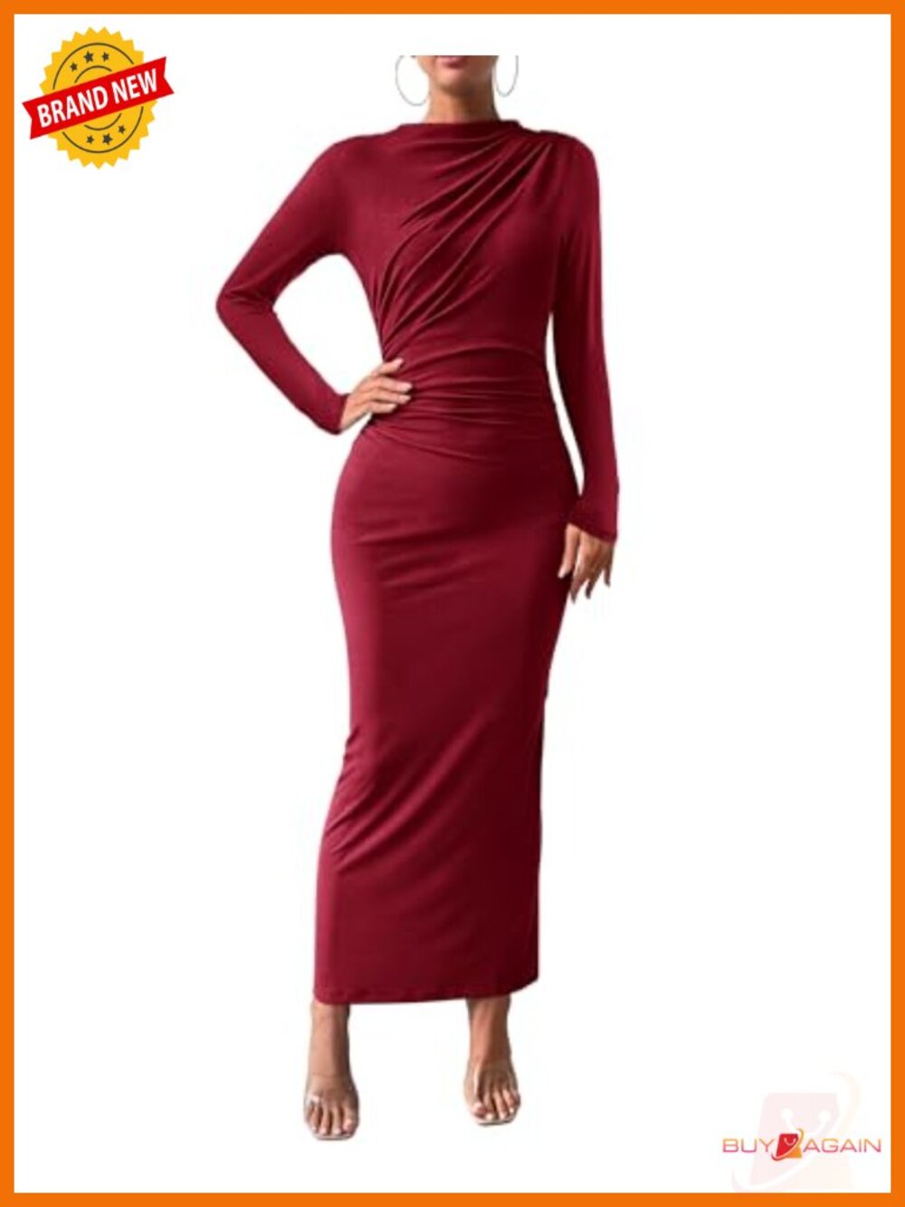 BTFBM Maxi Long Sleeve Bodycon Dress Mock Neck Ruched Back Slit Formal